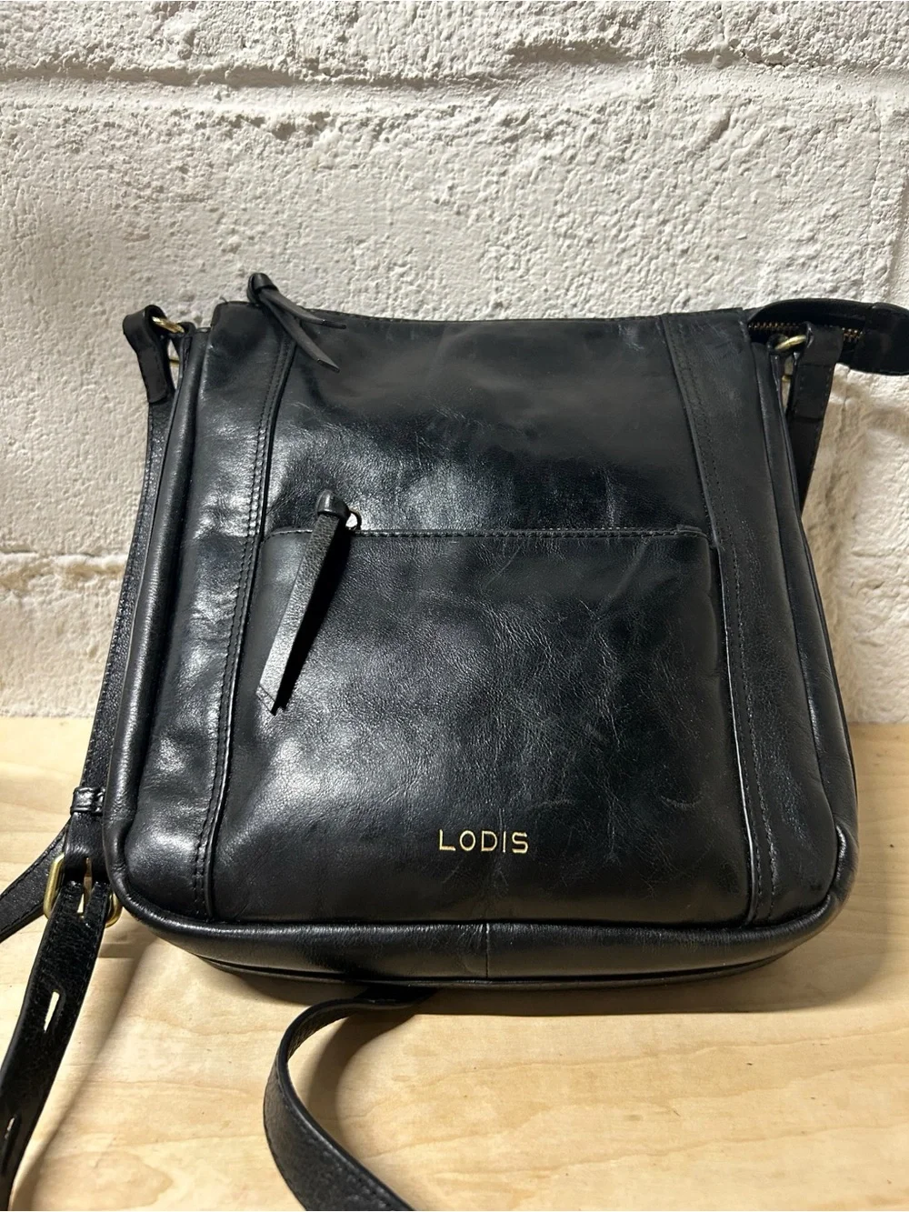 Vintage Lodis Black Smooth Genuine Leather Crossbody Bag